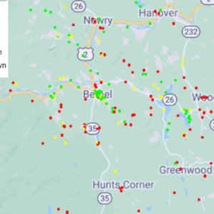 Map showing internet speed test results in Mahoosuc area of western maine