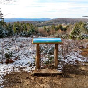 A new panoramic display sign on a trail in Greensboro, Vermont.