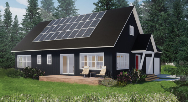 Designer's rendering of a Net-Zero modular home built from Maine wood.