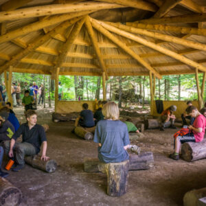 Kids and staff gather under a 32-foot diameter pavilion built from local Vermont wood.