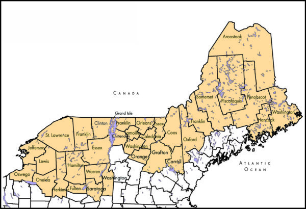 Map of counties in the Northern Forest.