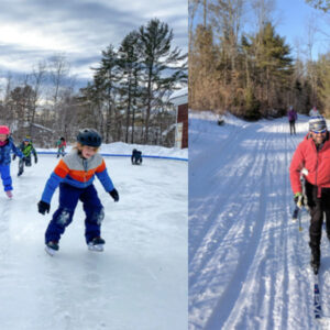 children ice skating and men cros-country skiing