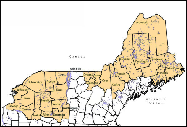 Map of Northern Forest region showing counties eligible for recreation grant program.