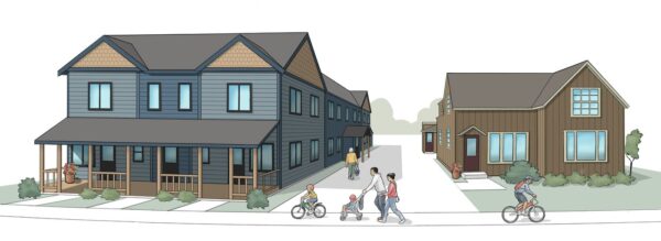 Rendering of two houses. The left house is larger than the one on the right.