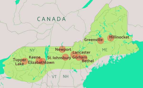 Map highlighting 10 communities in the Northern Forest