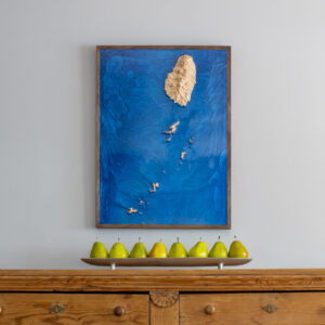 Treeline Terrains map hanging on a wall, interior design, natural wood aesthetic, custom piece