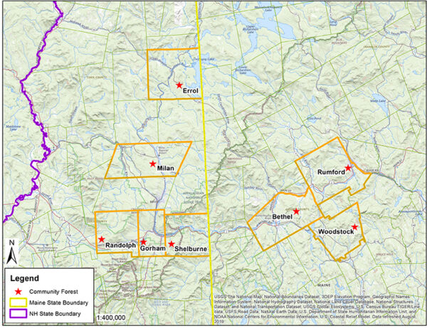 Map showing location of 8 Community Forests in New Hampshire and Maine.