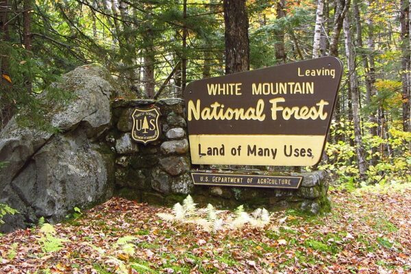 Sign declaring the White Mountain National Forest as a "land of many uses."
