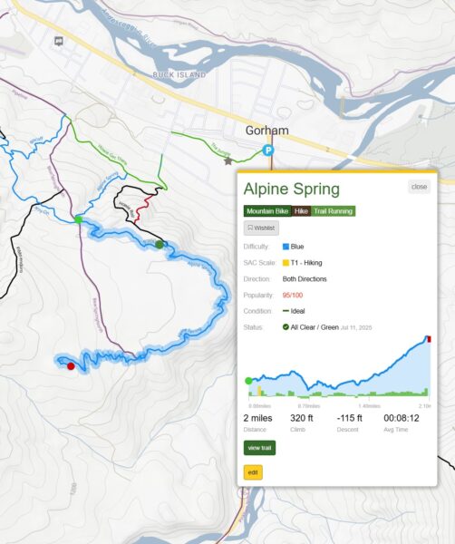 Topographical map showing new mountain biking trail in Gorham, NH.