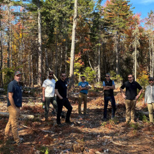 People stand in a new harvested parcel in Maine.