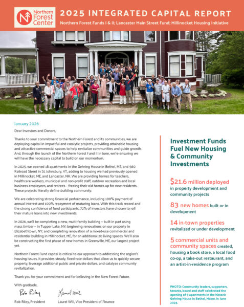 Cover of a report with photo of people in front of a building, and text.