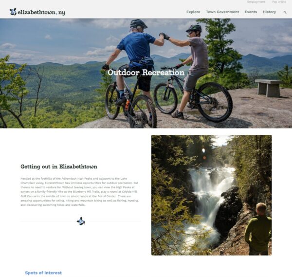 screenshot from new website for Elizabethtown, NY, shows people on mountain bikes, a forest vista, and a waterfall